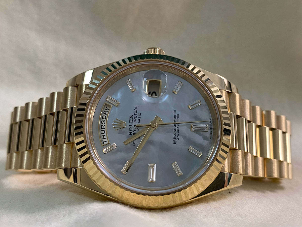 Rolex Yellow Gold Day-Date 40 - 2025 - Fluted Bezel - Mother-of-Pearl Baguette Dial - President Bracelet - 228238 *FULL SET*