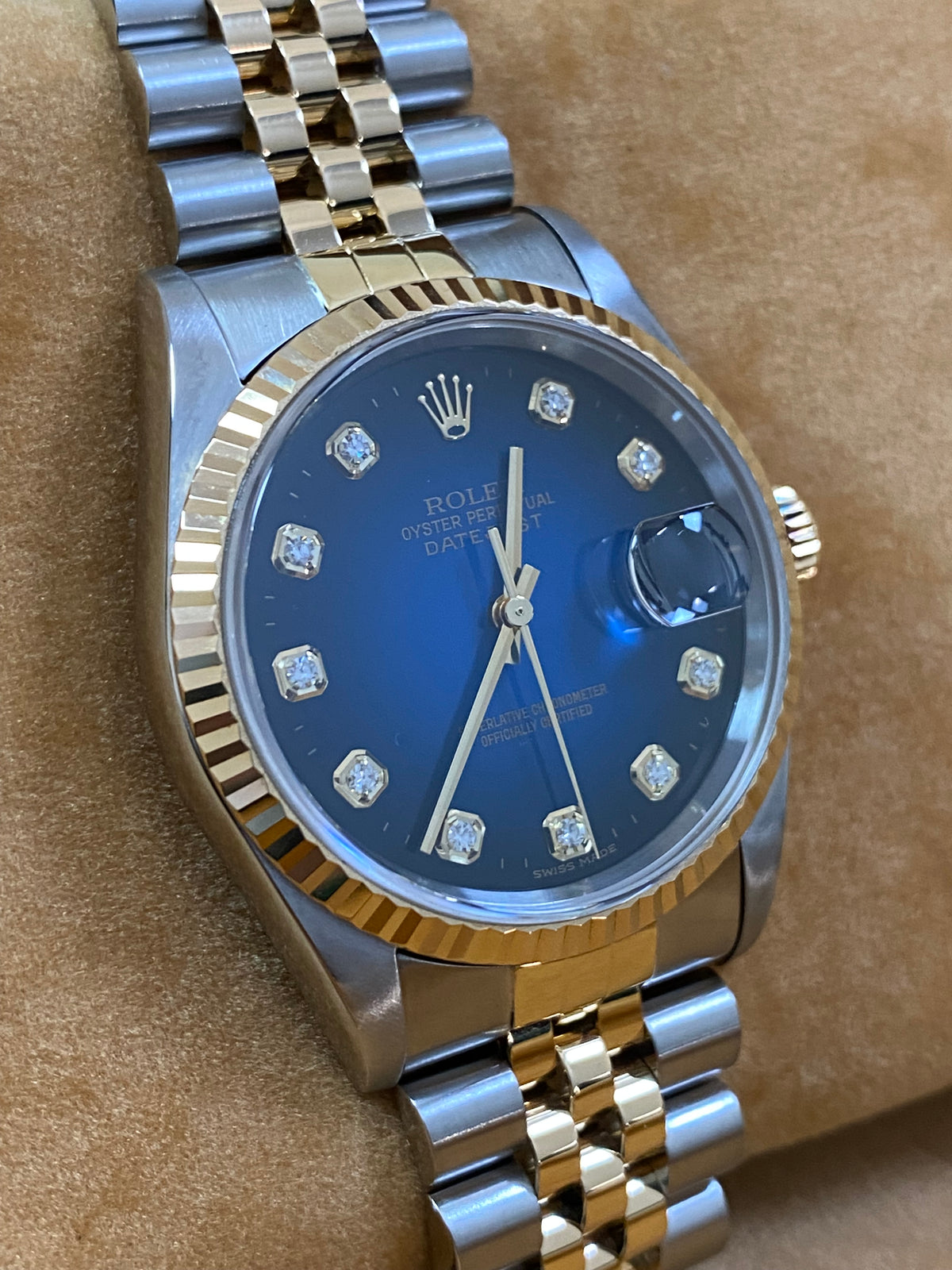 Rolex Steel and Yellow Gold Datejust 36 - T serial - Fluted Bezel - Blue Vignette Diamond Dial - Jubilee Bracelet - 16233