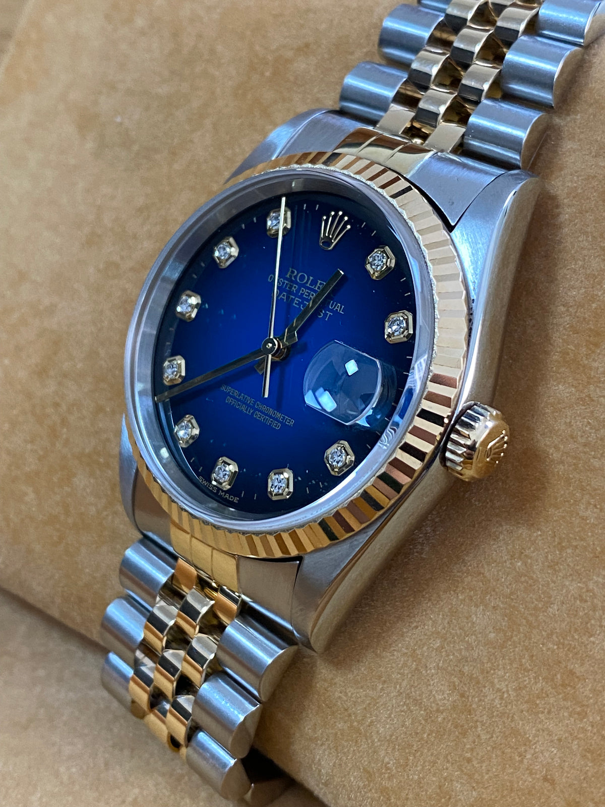 Rolex Steel and Yellow Gold Datejust 36 - T serial - Fluted Bezel - Blue Vignette Diamond Dial - Jubilee Bracelet - 16233