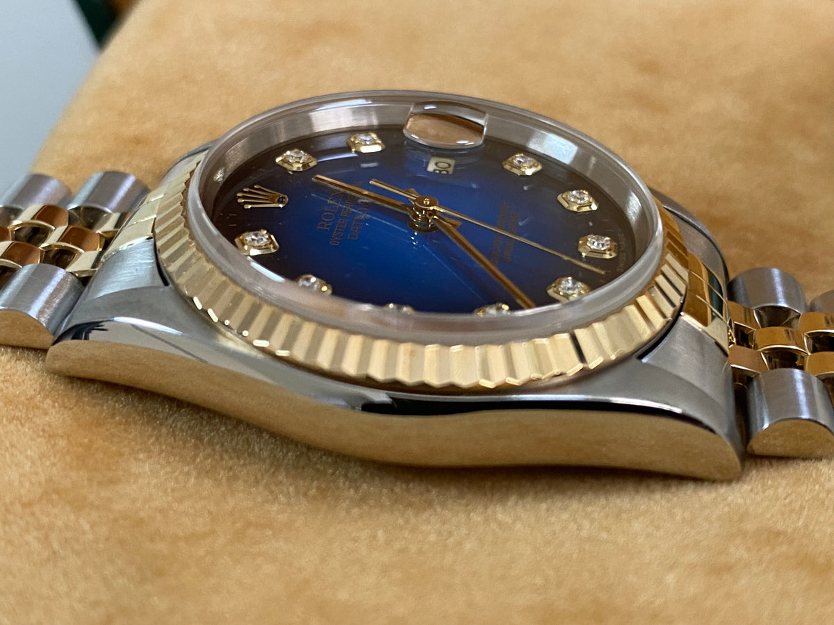 Rolex Steel and Yellow Gold Datejust 36 - T serial - Fluted Bezel - Blue Vignette Diamond Dial - Jubilee Bracelet - 16233