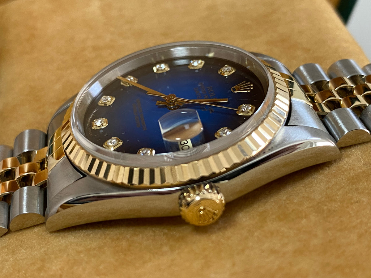 Rolex Steel and Yellow Gold Datejust 36 - T serial - Fluted Bezel - Blue Vignette Diamond Dial - Jubilee Bracelet - 16233