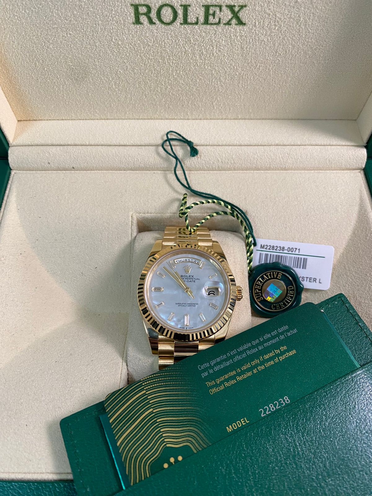 Rolex Yellow Gold Day-Date 40 - 2025 - Fluted Bezel - Mother-of-Pearl Baguette Dial - President Bracelet - 228238 *FULL SET*