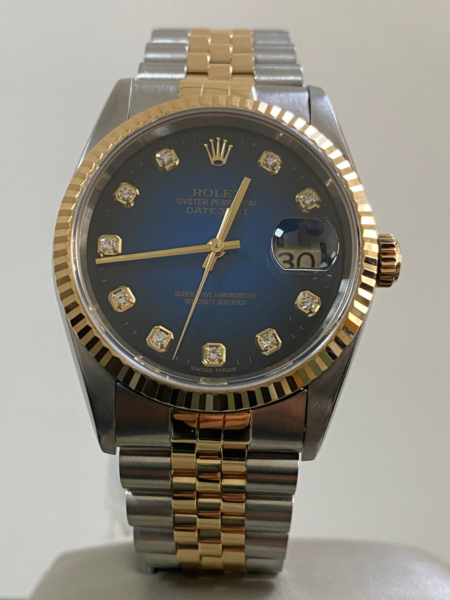 Rolex Steel and Yellow Gold Datejust 36 - T serial - Fluted Bezel - Blue Vignette Diamond Dial - Jubilee Bracelet - 16233