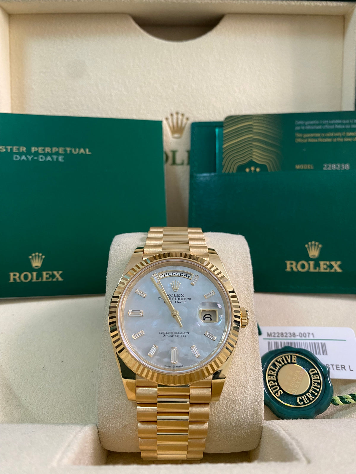 Rolex Yellow Gold Day-Date 40 - 2025 - Fluted Bezel - Mother-of-Pearl Baguette Dial - President Bracelet - 228238 *FULL SET*