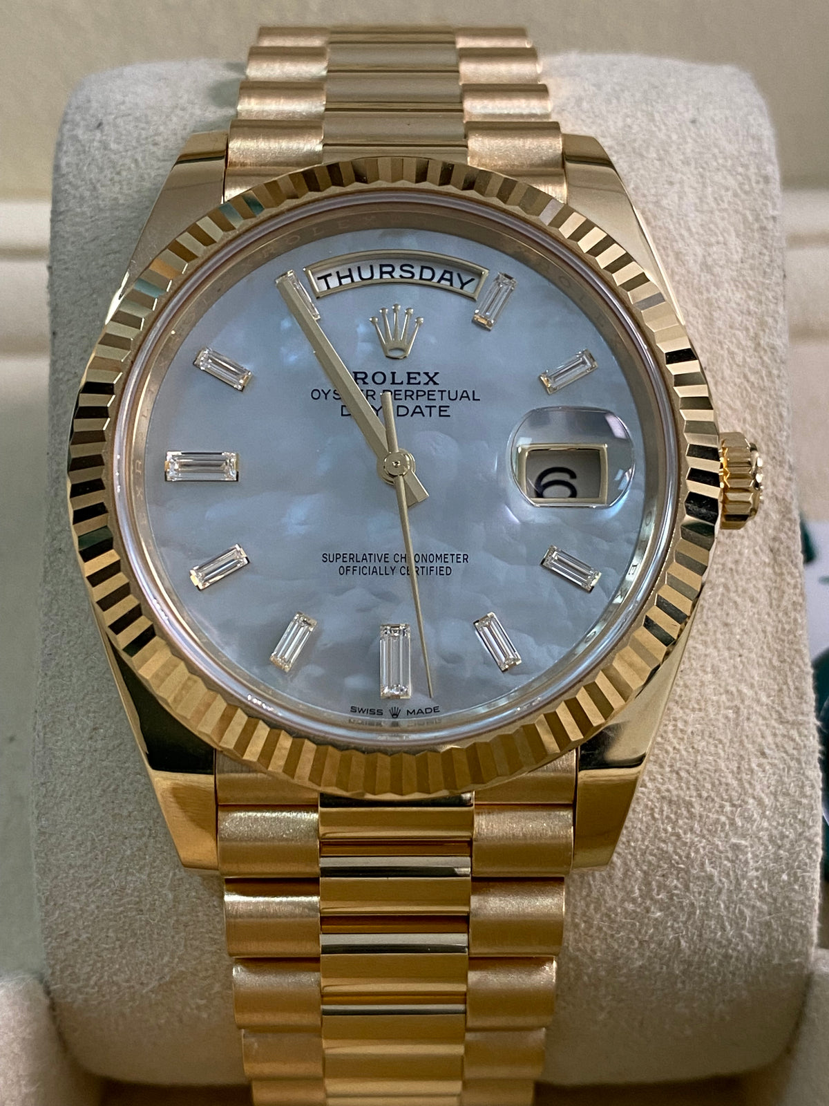 Rolex Yellow Gold Day-Date 40 - 2025 - Fluted Bezel - Mother-of-Pearl Baguette Dial - President Bracelet - 228238 *FULL SET*