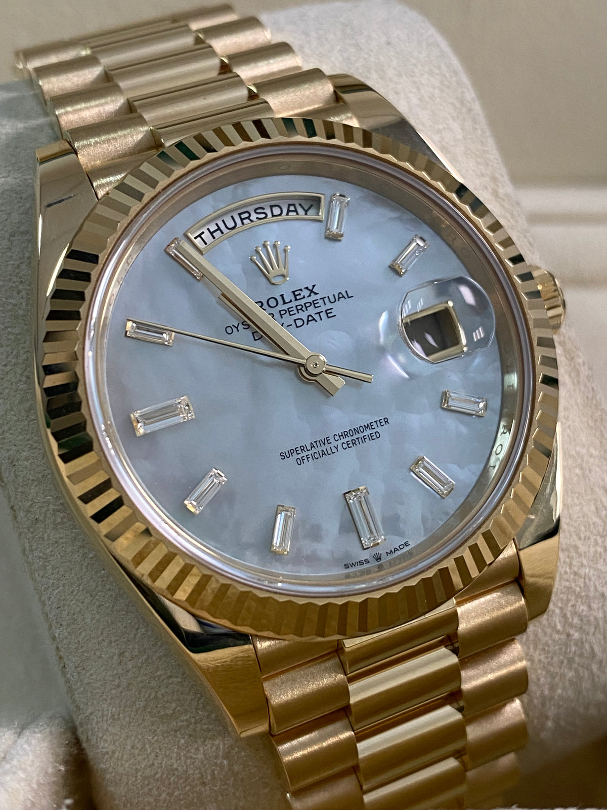 Rolex Yellow Gold Day-Date 40 - 2025 - Fluted Bezel - Mother-of-Pearl Baguette Dial - President Bracelet - 228238 *FULL SET*