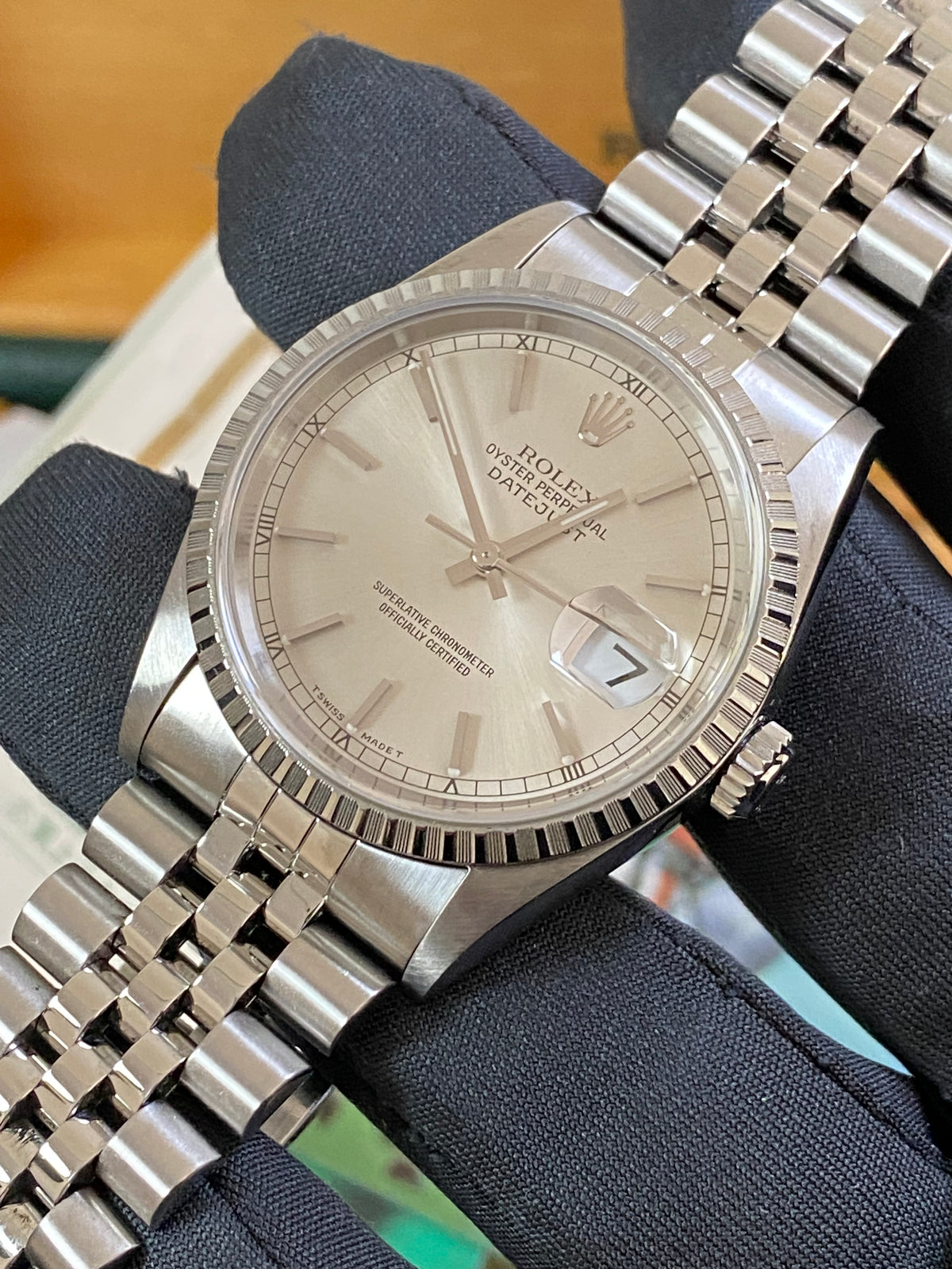 Rolex Steel Datejust 36 - U Serial - Engine Turned Bezel - Silver Index Dial - Jubilee Bracelet - 16220