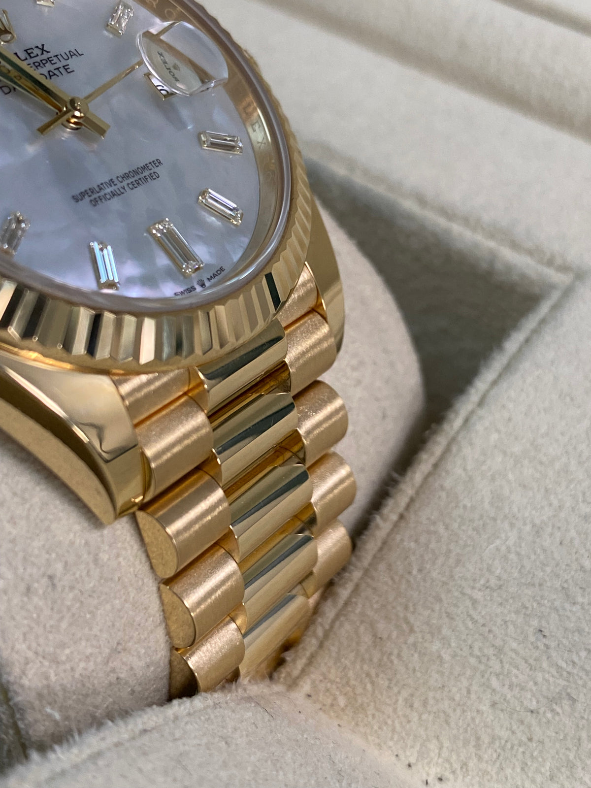 Rolex Yellow Gold Day-Date 40 - 2025 - Fluted Bezel - Mother-of-Pearl Baguette Dial - President Bracelet - 228238 *FULL SET*