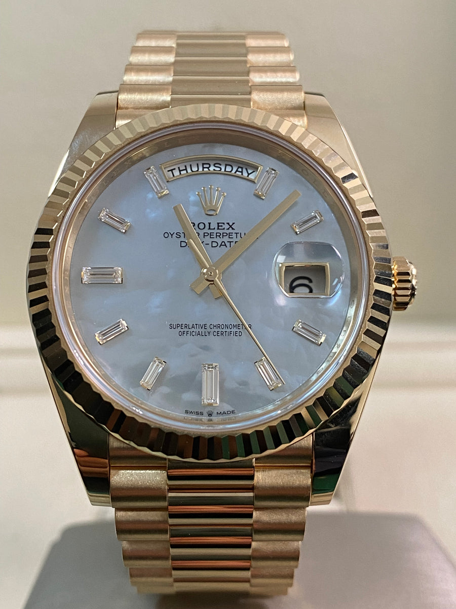 Rolex Yellow Gold Day-Date 40 - 2025 - Fluted Bezel - Mother-of-Pearl Baguette Dial - President Bracelet - 228238 *FULL SET*