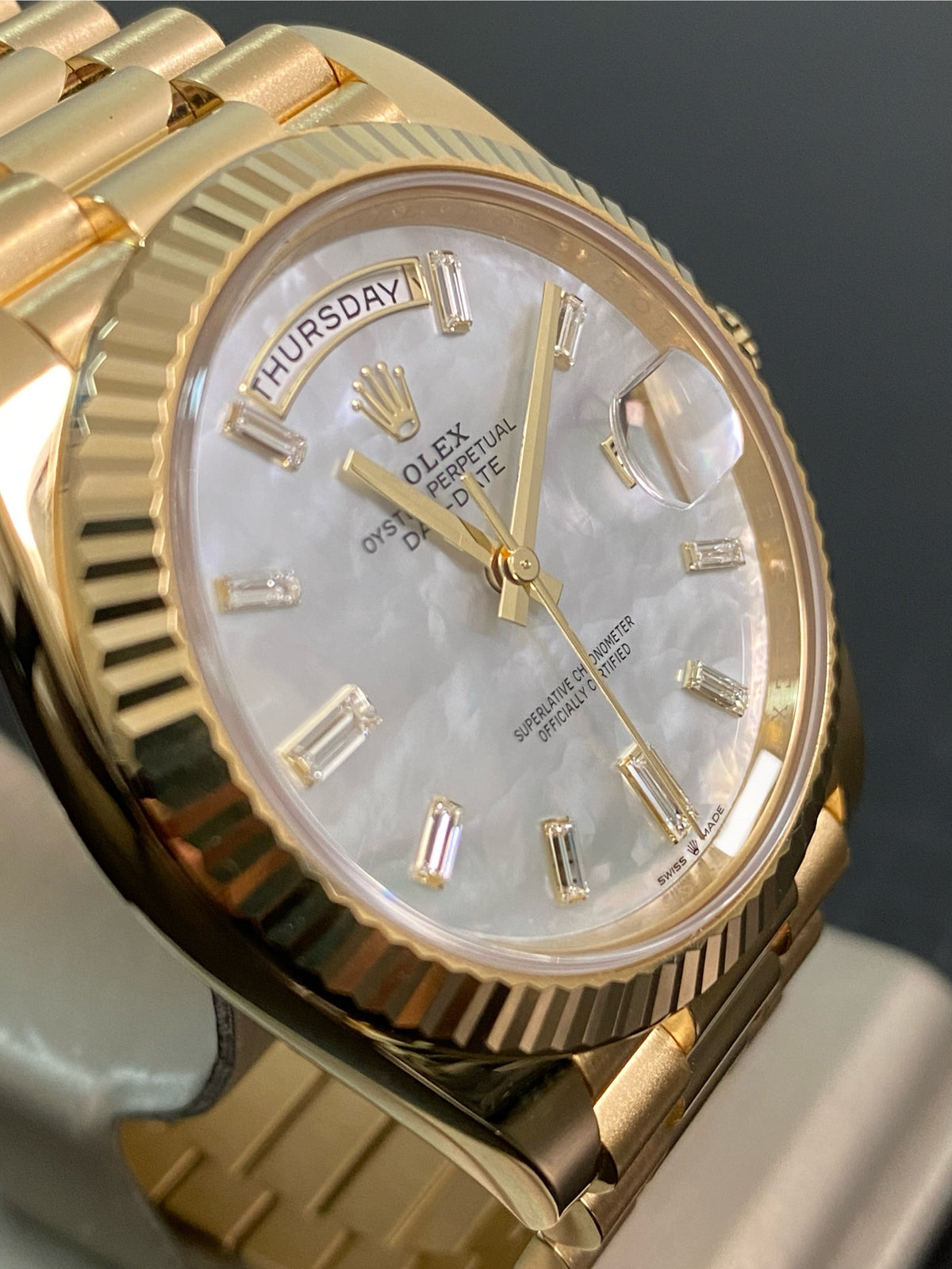 Rolex Yellow Gold Day-Date 40 - 2025 - Fluted Bezel - Mother-of-Pearl Baguette Dial - President Bracelet - 228238 *FULL SET*