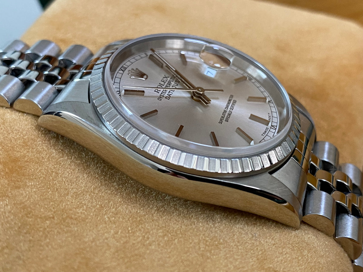 Rolex Steel Datejust 36 - U Serial - Engine Turned Bezel - Silver Index Dial - Jubilee Bracelet - 16220