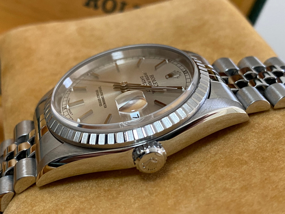 Rolex Steel Datejust 36 - U Serial - Engine Turned Bezel - Silver Index Dial - Jubilee Bracelet - 16220