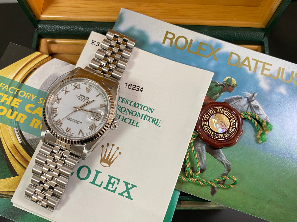 Rolex Steel and White Gold Datejust 36 - K serial - Fluted Bezel - White Roman Dial - Jubilee Bracelet - 16234 *COMPLETE SET*