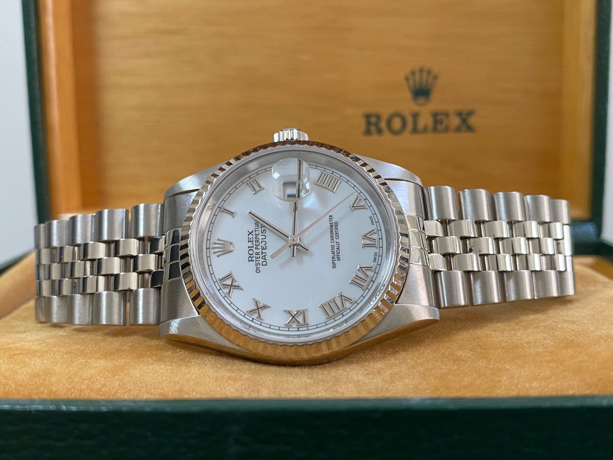 Rolex Steel and White Gold Datejust 36 - K serial - Fluted Bezel - White Roman Dial - Jubilee Bracelet - 16234 *COMPLETE SET*