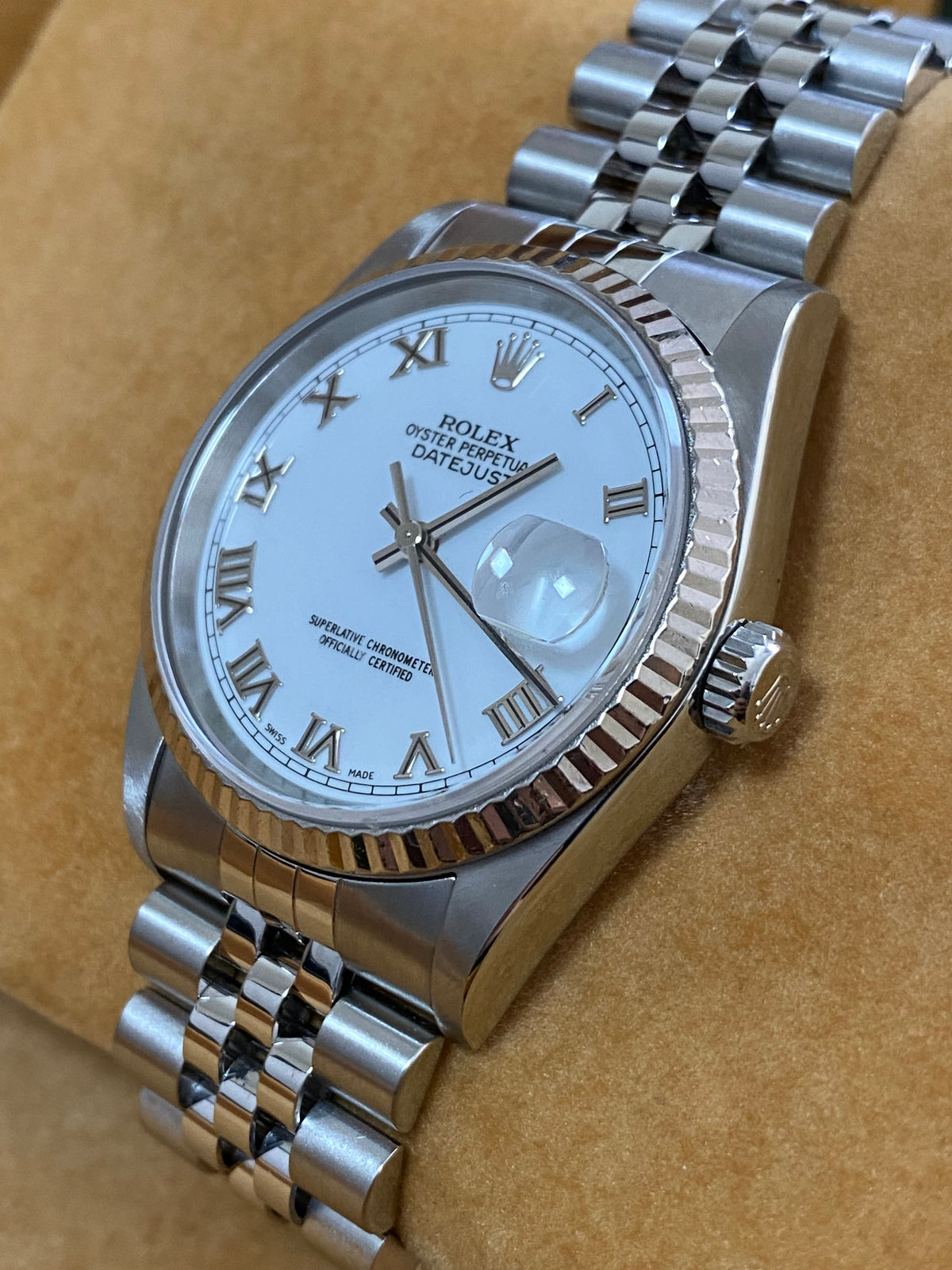 Rolex Steel and White Gold Datejust 36 - K serial - Fluted Bezel - White Roman Dial - Jubilee Bracelet - 16234 *COMPLETE SET*