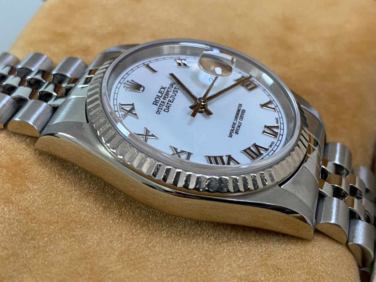 Rolex Steel and White Gold Datejust 36 - K serial - Fluted Bezel - White Roman Dial - Jubilee Bracelet - 16234 *COMPLETE SET*