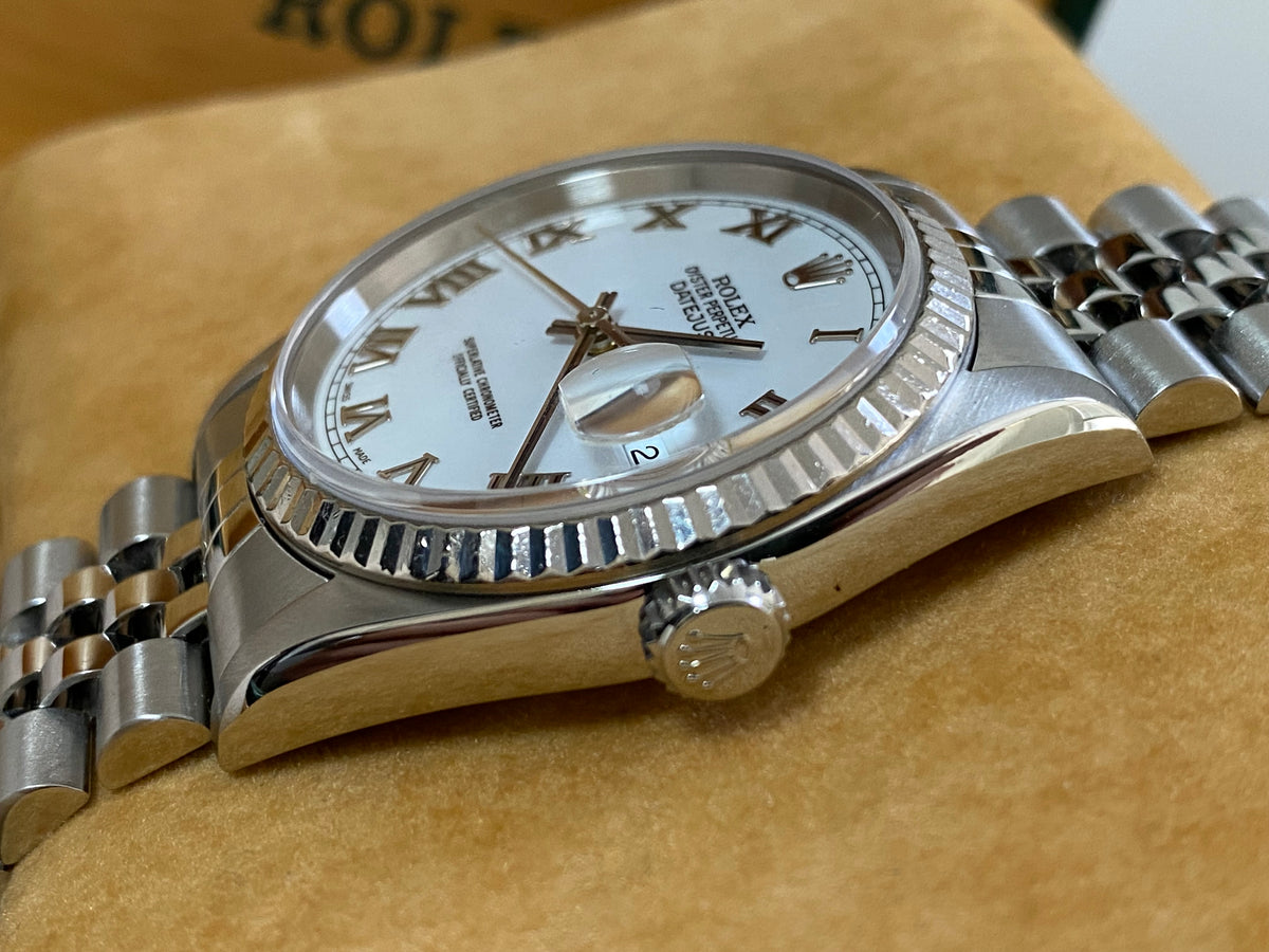 Rolex Steel and White Gold Datejust 36 - K serial - Fluted Bezel - White Roman Dial - Jubilee Bracelet - 16234 *COMPLETE SET*