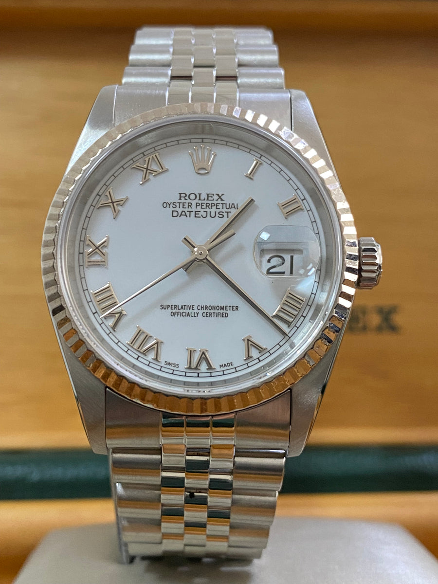 Rolex Steel and White Gold Datejust 36 - K serial - Fluted Bezel - White Roman Dial - Jubilee Bracelet - 16234 *COMPLETE SET*