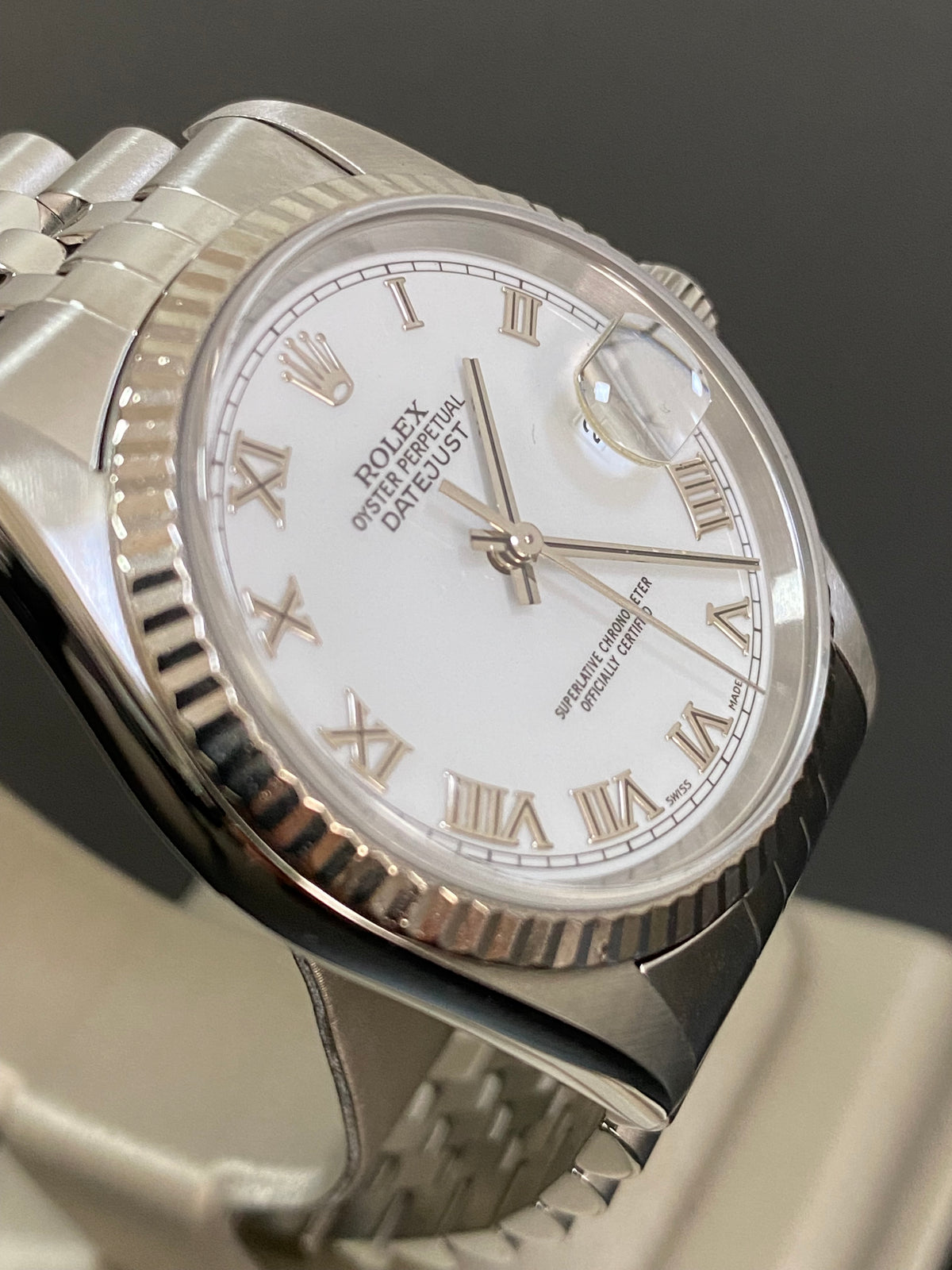 Rolex Steel and White Gold Datejust 36 - K serial - Fluted Bezel - White Roman Dial - Jubilee Bracelet - 16234 *COMPLETE SET*