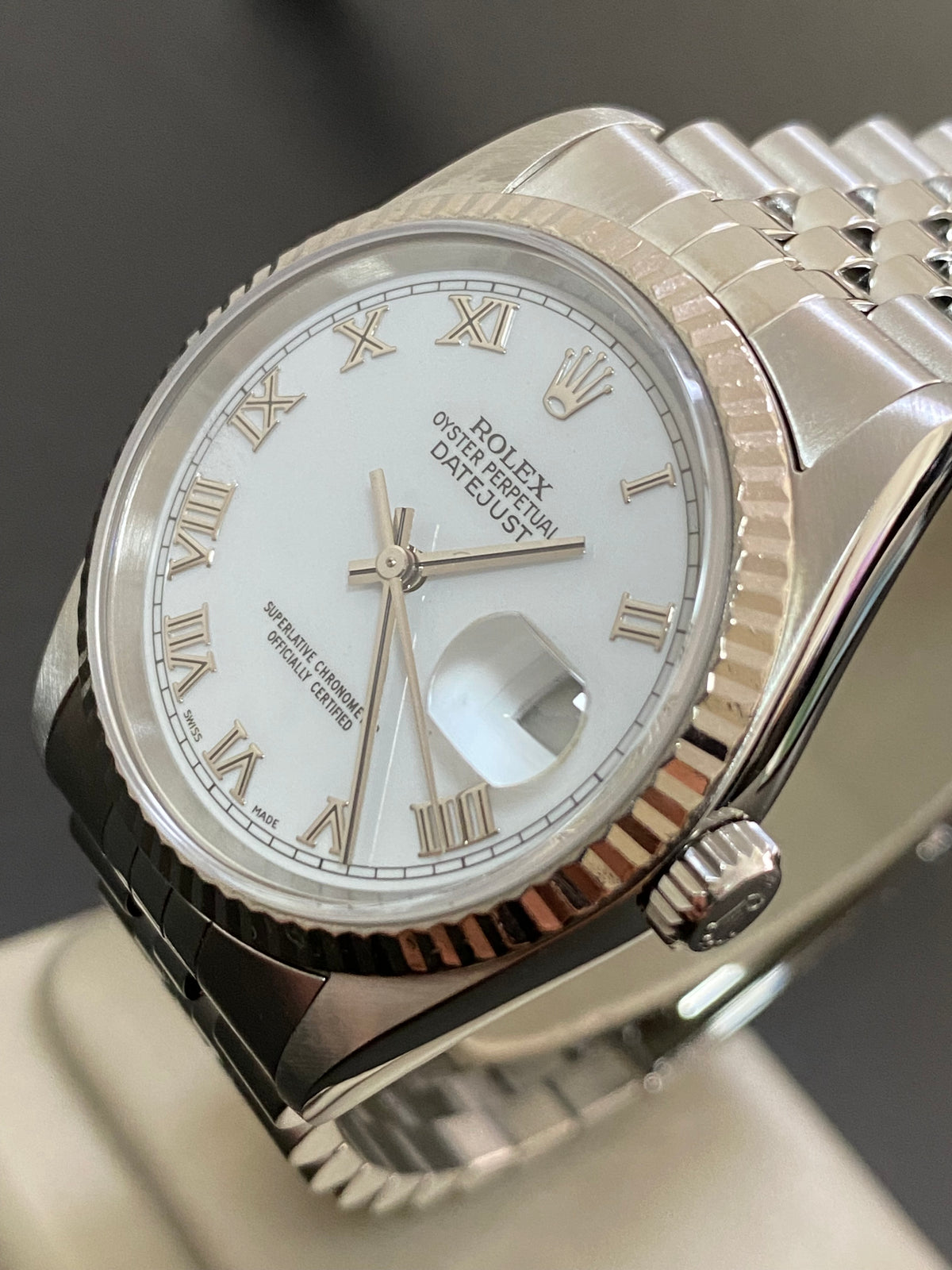 Rolex Steel and White Gold Datejust 36 - K serial - Fluted Bezel - White Roman Dial - Jubilee Bracelet - 16234 *COMPLETE SET*