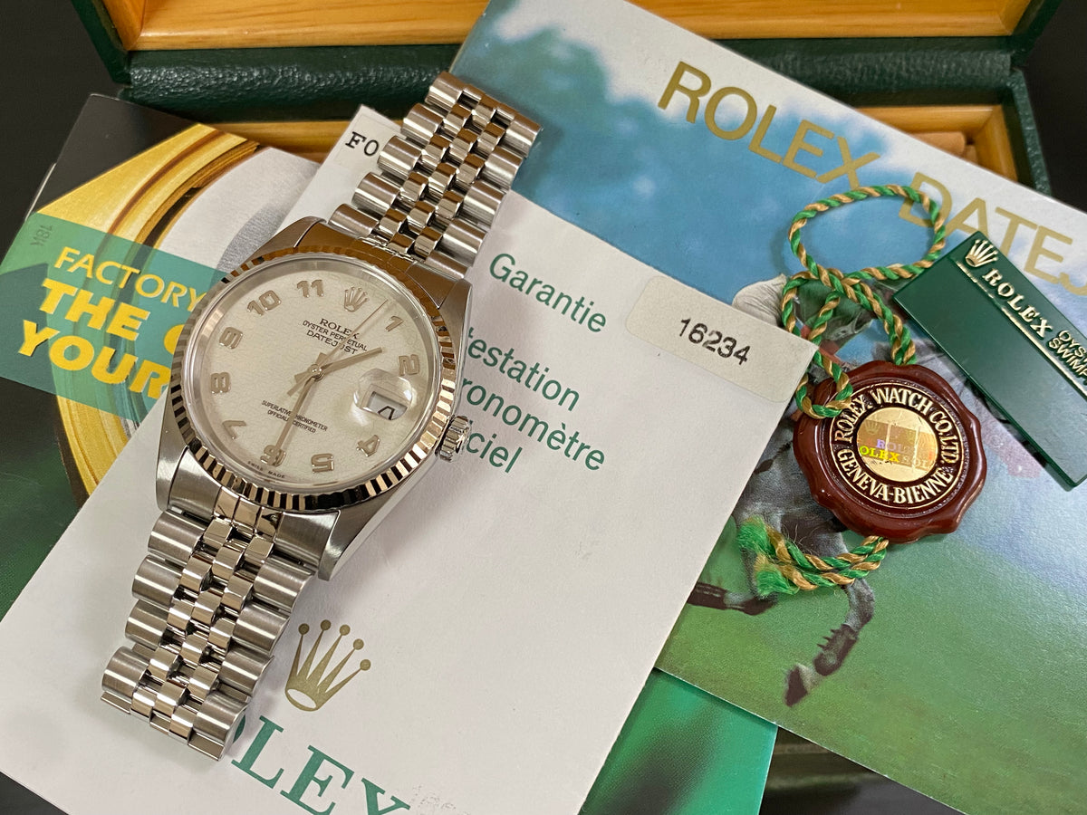 Rolex Steel and White Gold Datejust 36 - F serial - Fluted Bezel - Silver Arabic Dial - Jubilee Bracelet - 16234 *FULL SET*