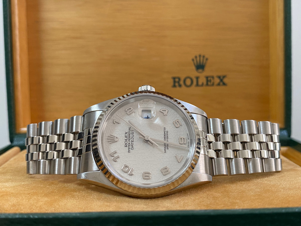 Rolex Steel and White Gold Datejust 36 - F serial - Fluted Bezel - Silver Arabic Dial - Jubilee Bracelet - 16234 *FULL SET*