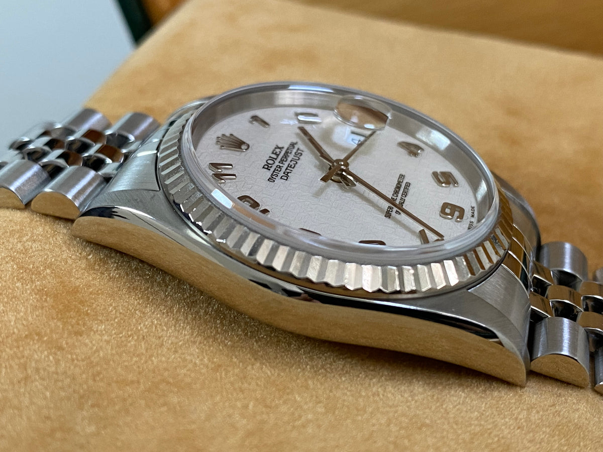 Rolex Steel and White Gold Datejust 36 - F serial - Fluted Bezel - Silver Arabic Dial - Jubilee Bracelet - 16234 *FULL SET*