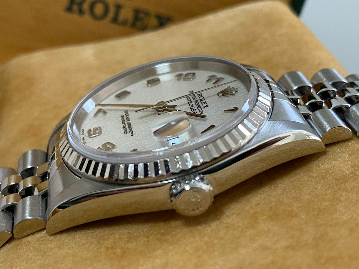 Rolex Steel and White Gold Datejust 36 - F serial - Fluted Bezel - Silver Arabic Dial - Jubilee Bracelet - 16234 *FULL SET*