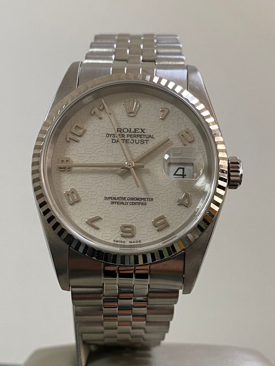 Rolex Steel and White Gold Datejust 36 - F serial - Fluted Bezel - Silver Arabic Dial - Jubilee Bracelet - 16234 *FULL SET*