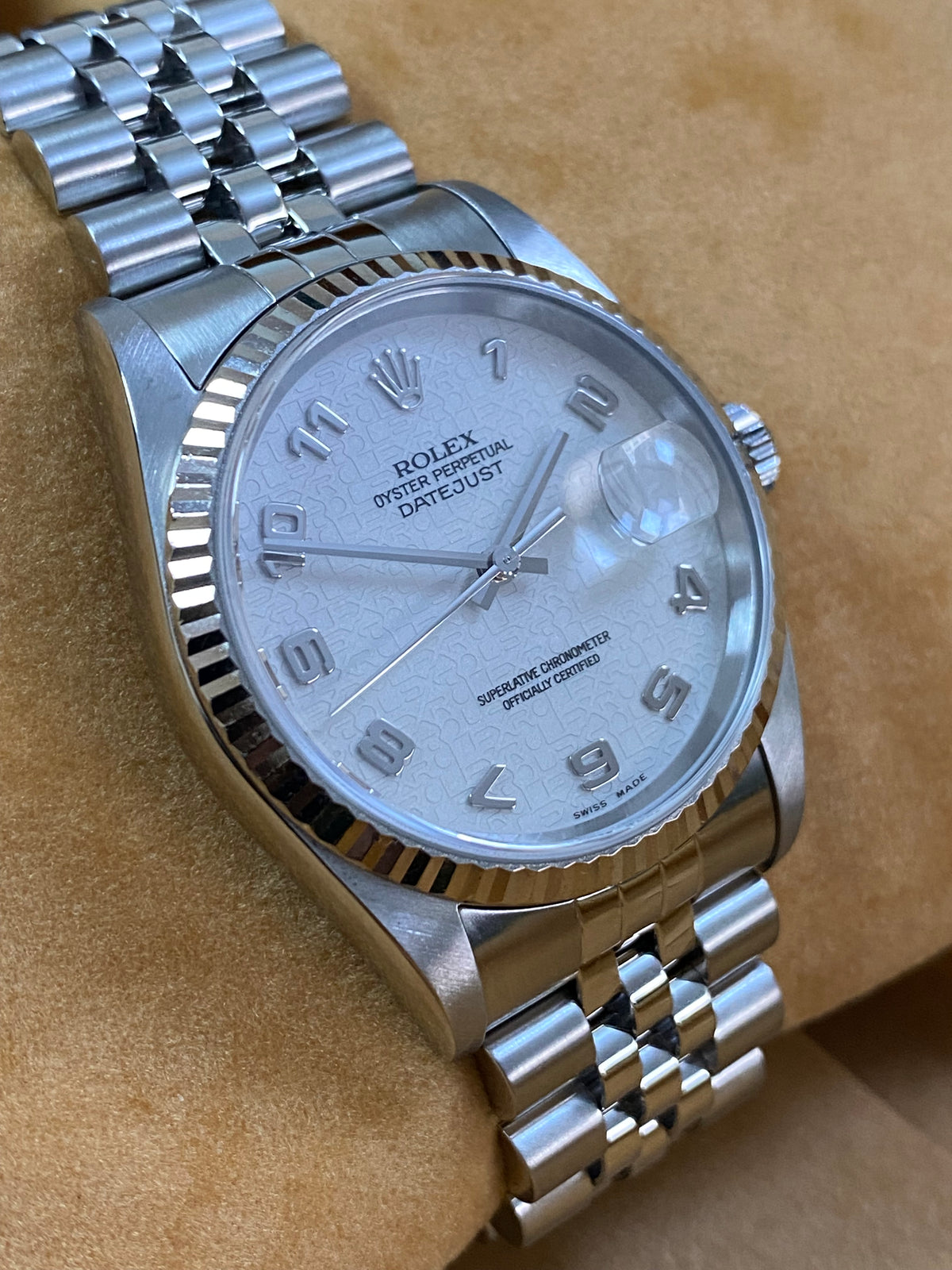 Rolex Steel and White Gold Datejust 36 - F serial - Fluted Bezel - Silver Arabic Dial - Jubilee Bracelet - 16234 *FULL SET*