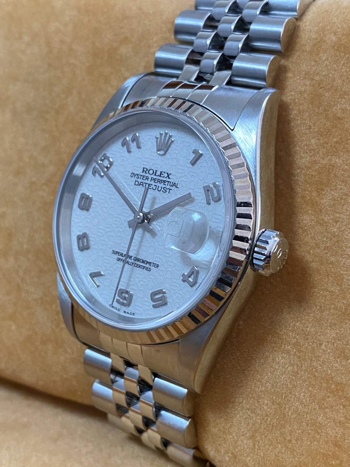 Rolex Steel and White Gold Datejust 36 - F serial - Fluted Bezel - Silver Arabic Dial - Jubilee Bracelet - 16234 *FULL SET*