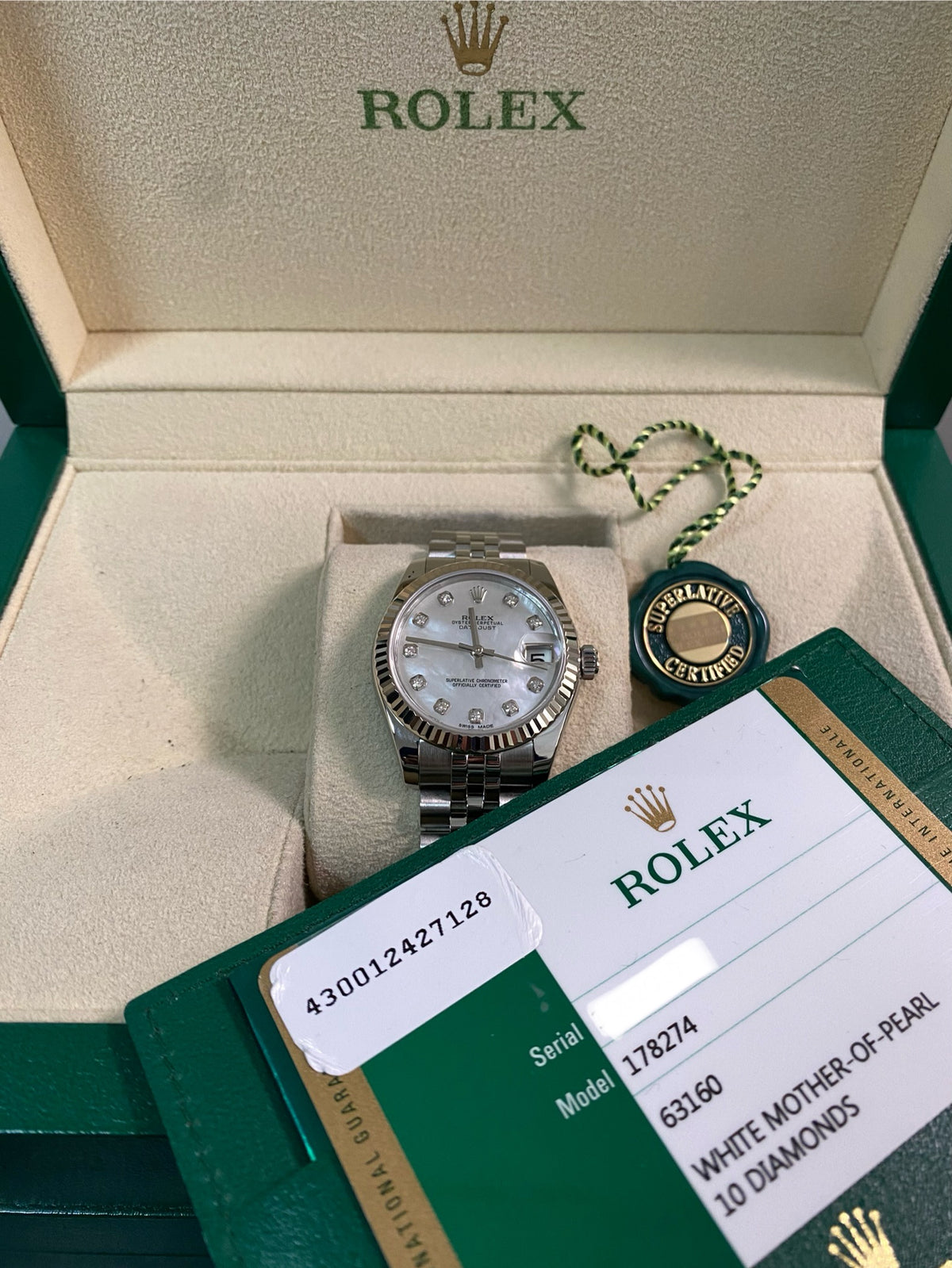 Rolex Steel Datejust 31 - 2016 - Fluted Bezel - Mother-of-Pearl Diamond Dial - Jubilee Bracelet - 178274 *FULL SET*