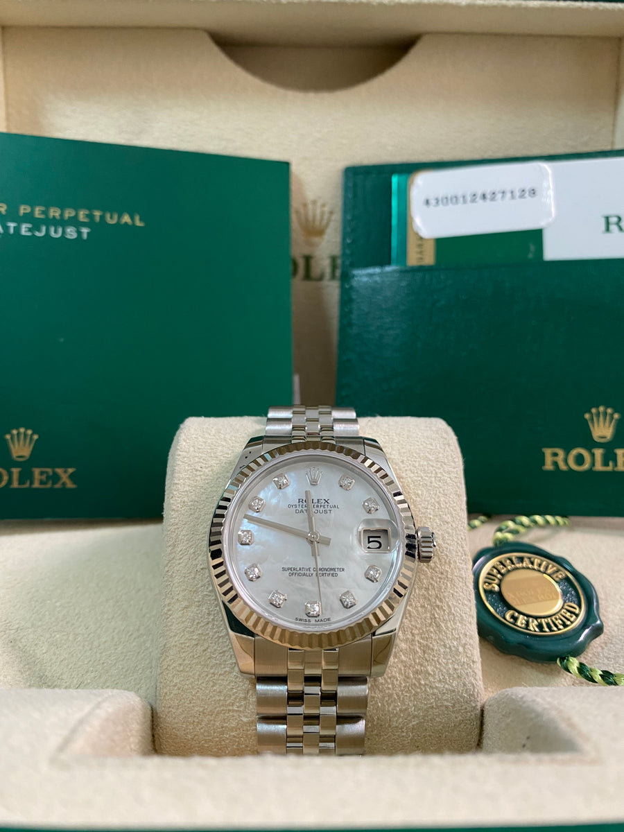 Rolex Steel Datejust 31 - 2016 - Fluted Bezel - Mother-of-Pearl Diamond Dial - Jubilee Bracelet - 178274 *FULL SET*