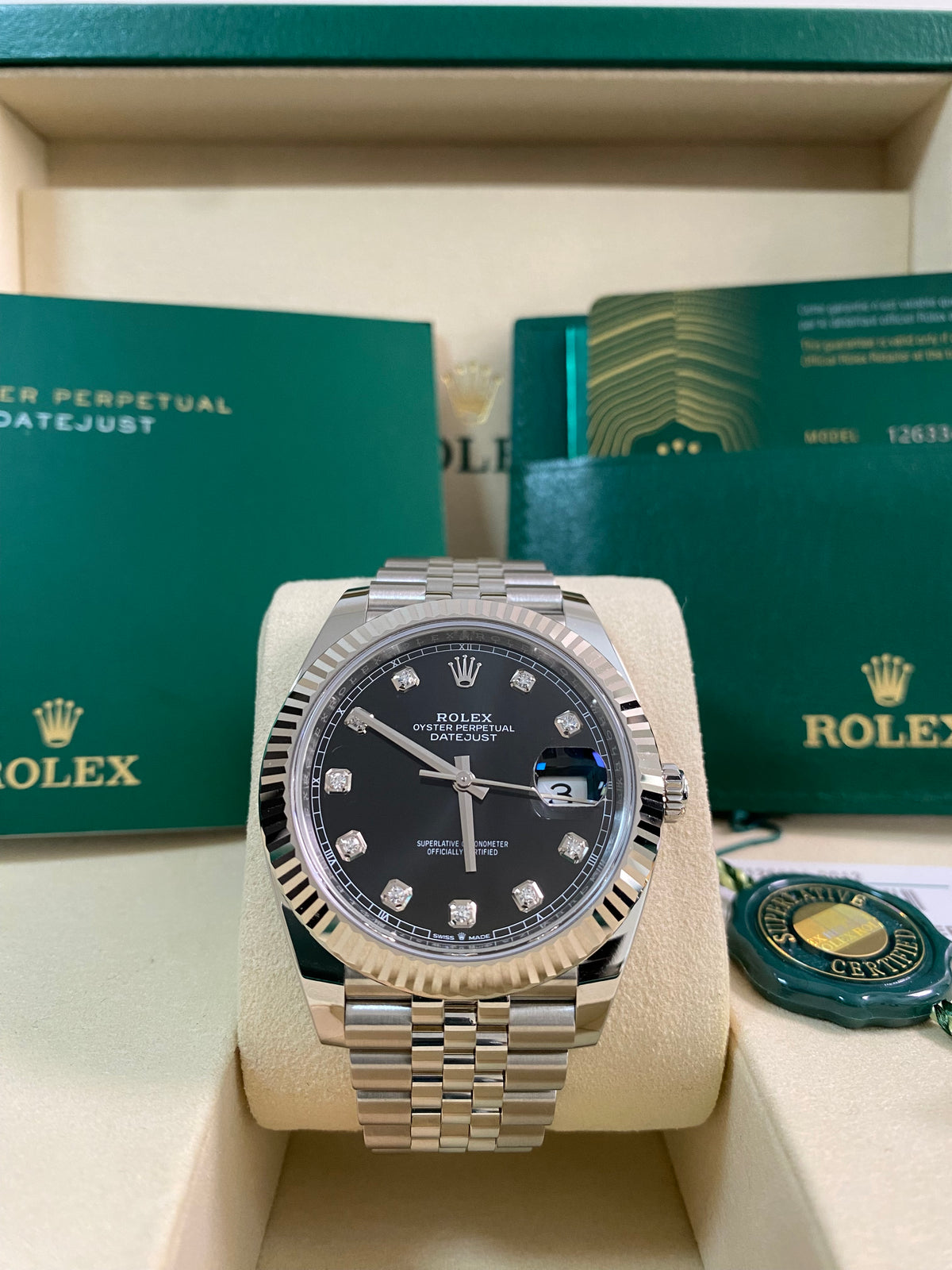 Rolex Steel Datejust 41 - 2025 - Fluted Bezel - Black Diamond Dial - Jubilee Bracelet - 126334 *FULL SET*