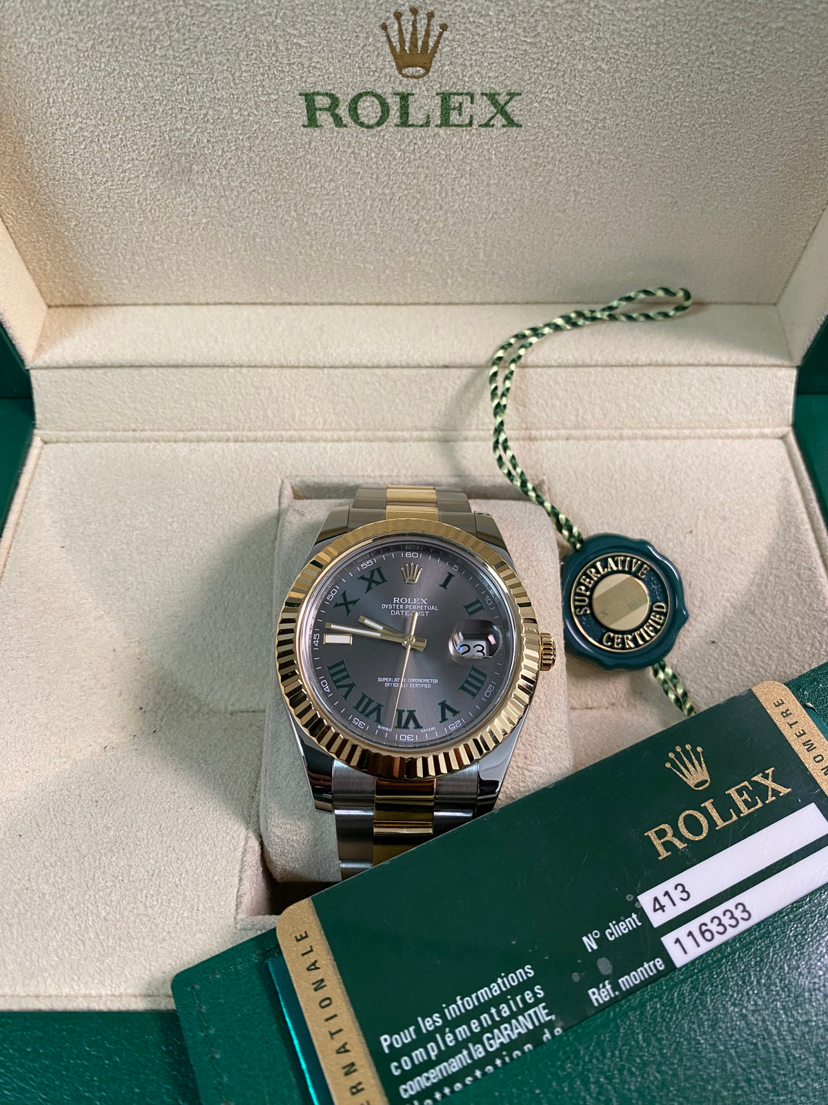 Rolex Steel & Yellow Rolesor Datejust II - 2013 - Fluted Bezel - "Wimbledon" Dial - Oyster Bracelet - 116333 *FULL SET*