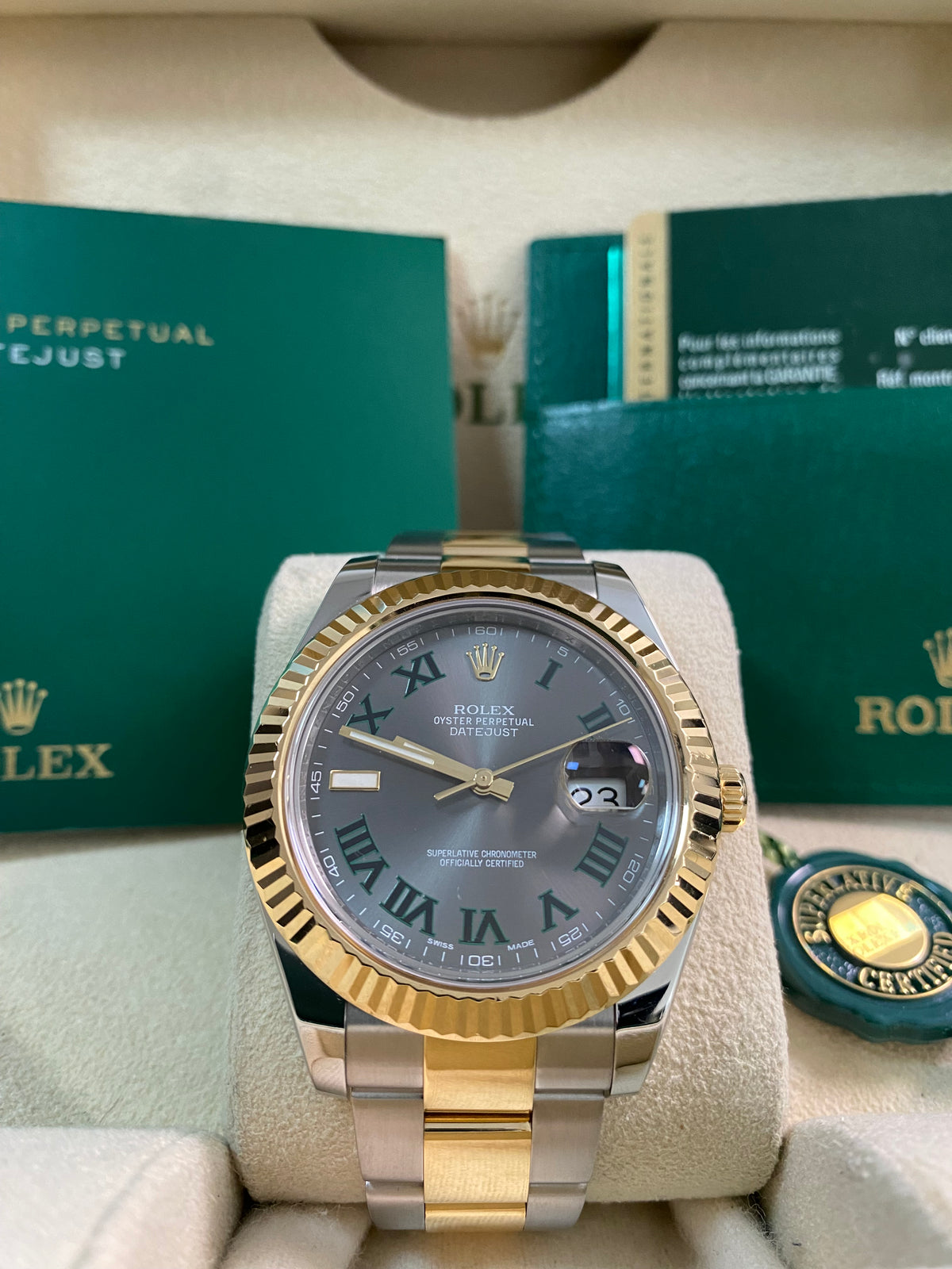 Rolex Steel & Yellow Rolesor Datejust II - 2013 - Fluted Bezel - "Wimbledon" Dial - Oyster Bracelet - 116333 *FULL SET*