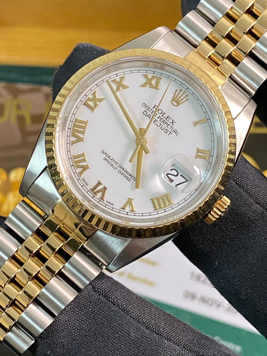 Rolex Steel and Yellow Gold Datejust 36 - P serial - Fluted Bezel - White Roman Dial - Jubilee Bracelet - 16233