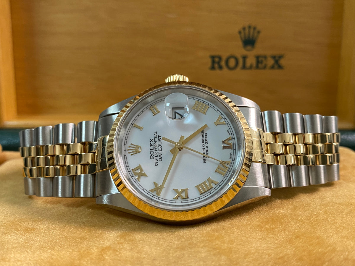 Rolex Steel and Yellow Gold Datejust 36 - P serial - Fluted Bezel - White Roman Dial - Jubilee Bracelet - 16233