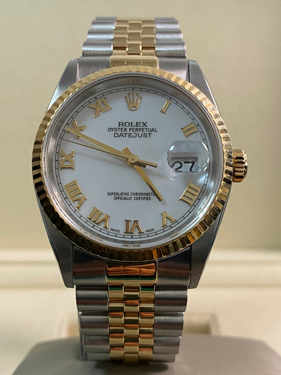 Rolex Steel and Yellow Gold Datejust 36 - P serial - Fluted Bezel - White Roman Dial - Jubilee Bracelet - 16233