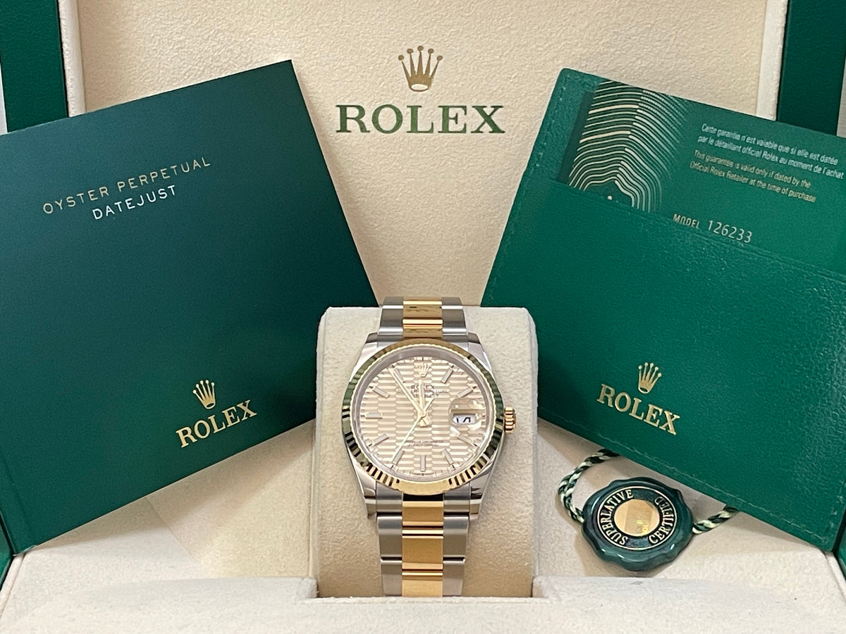 Rolex Steel and Yellow Gold Datejust 36 - 2023 - Fluted Bezel - Golden Motif Dial - Oyster Bracelet - 126233