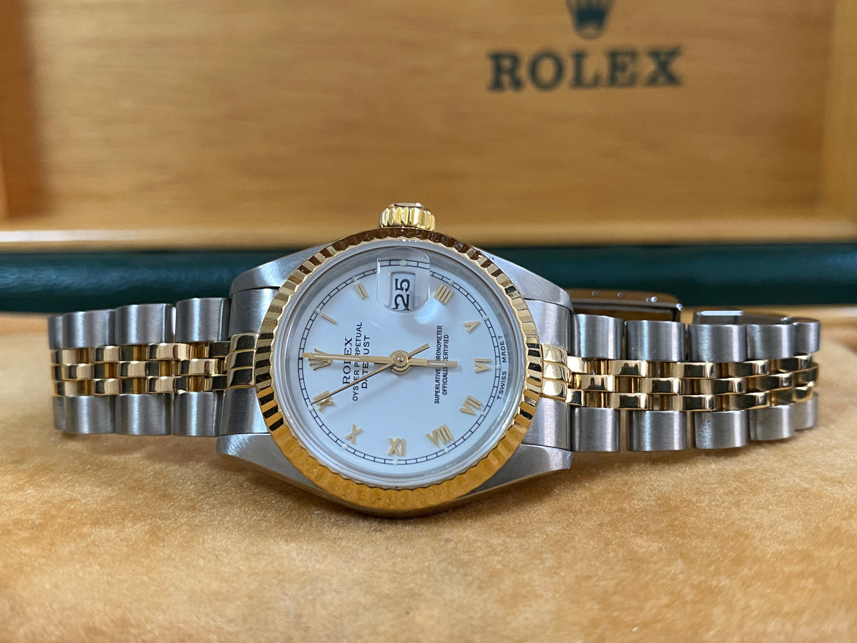 Rolex Steel and Yellow Gold Lady-Datejust - Fluted Bezel - White Roman Dial - Jubilee Bracelet - 69173