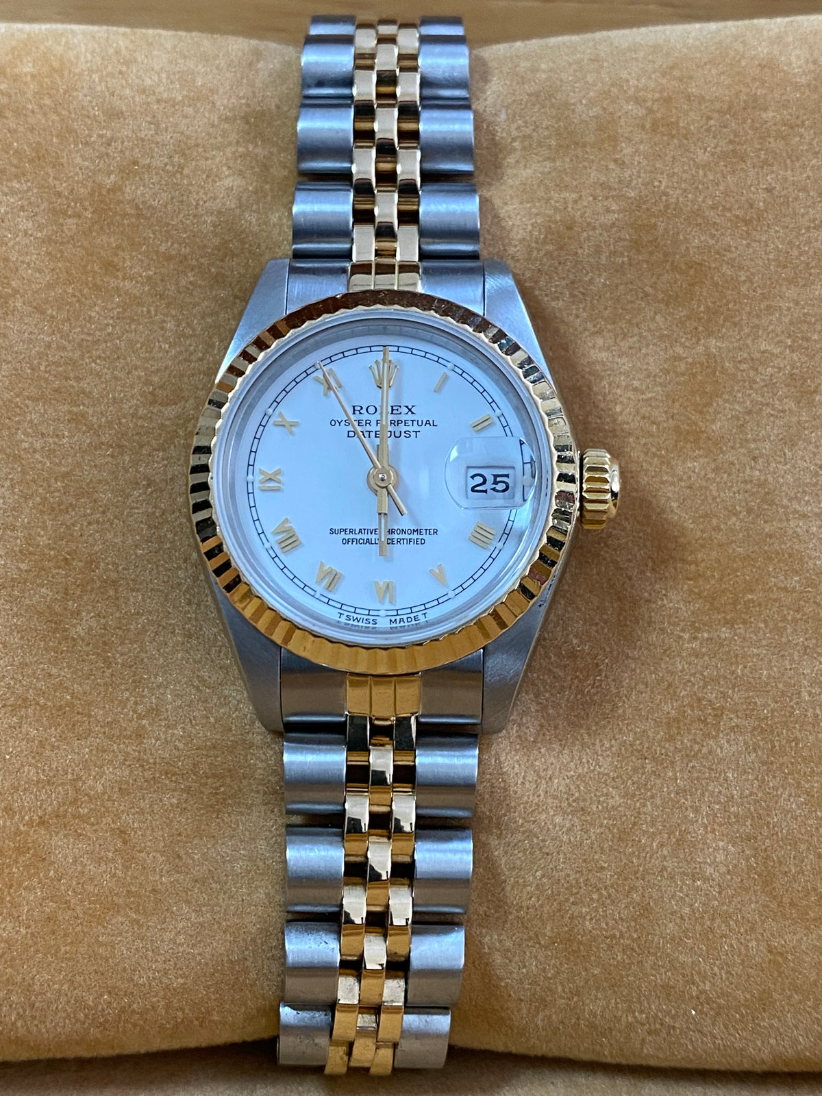 Rolex Steel and Yellow Gold Lady-Datejust - Fluted Bezel - White Roman Dial - Jubilee Bracelet - 69173