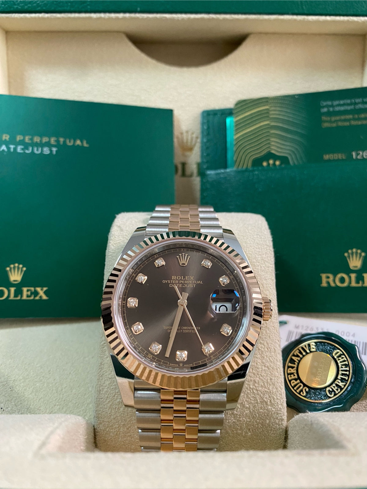 Rolex Steel and Everose Gold Datejust 41 - 2024 - Fluted Bezel - Chocolate Diamond Dial - Jubilee Bracelet - 126331 *FULL SET*