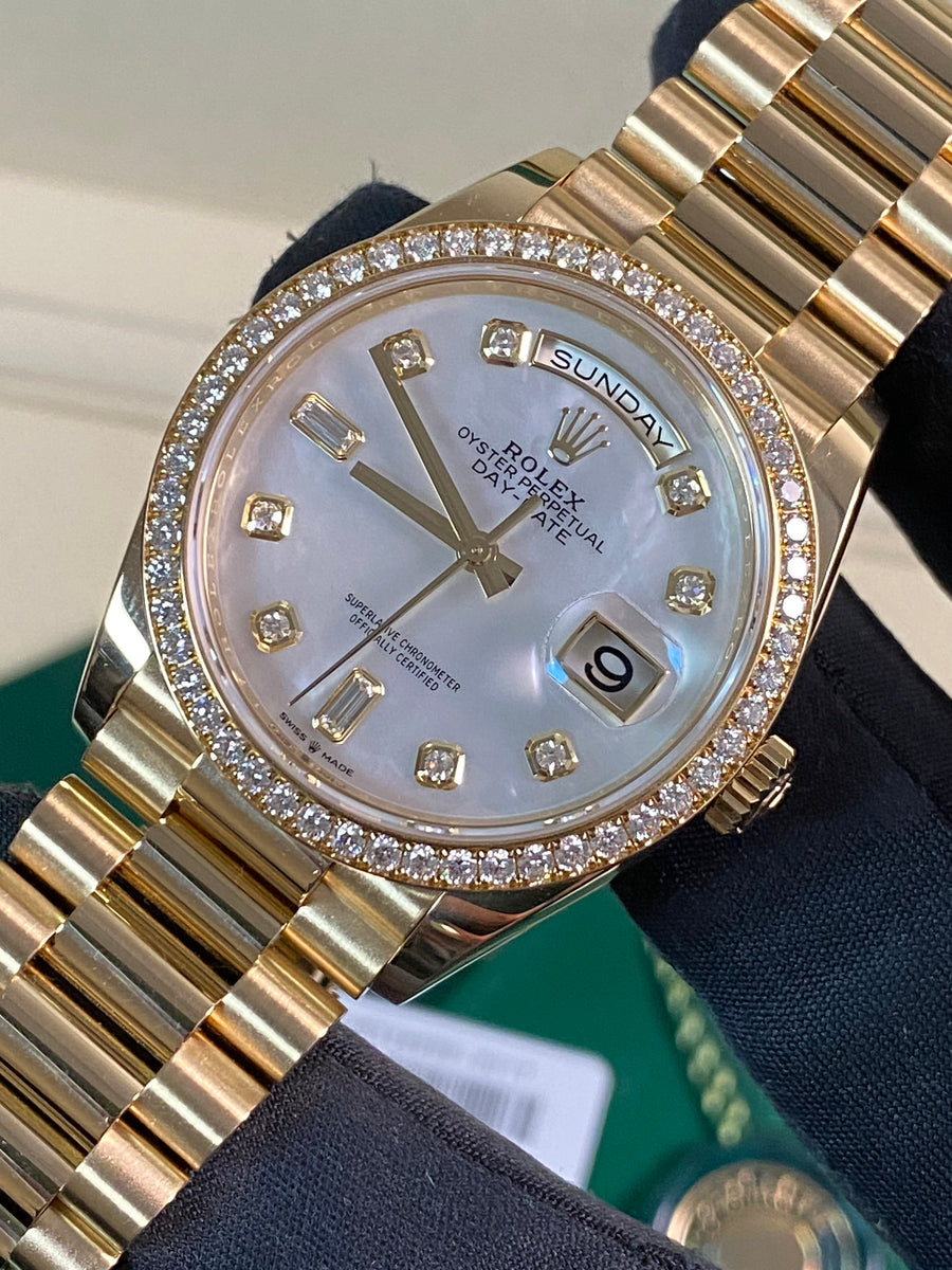 Rolex White Gold Day-Date 36 - 2022 - Diamond Bezel - Mother-of-Pearl Diamond Dial - President Bracelet - 128348RBR *FULL SET*