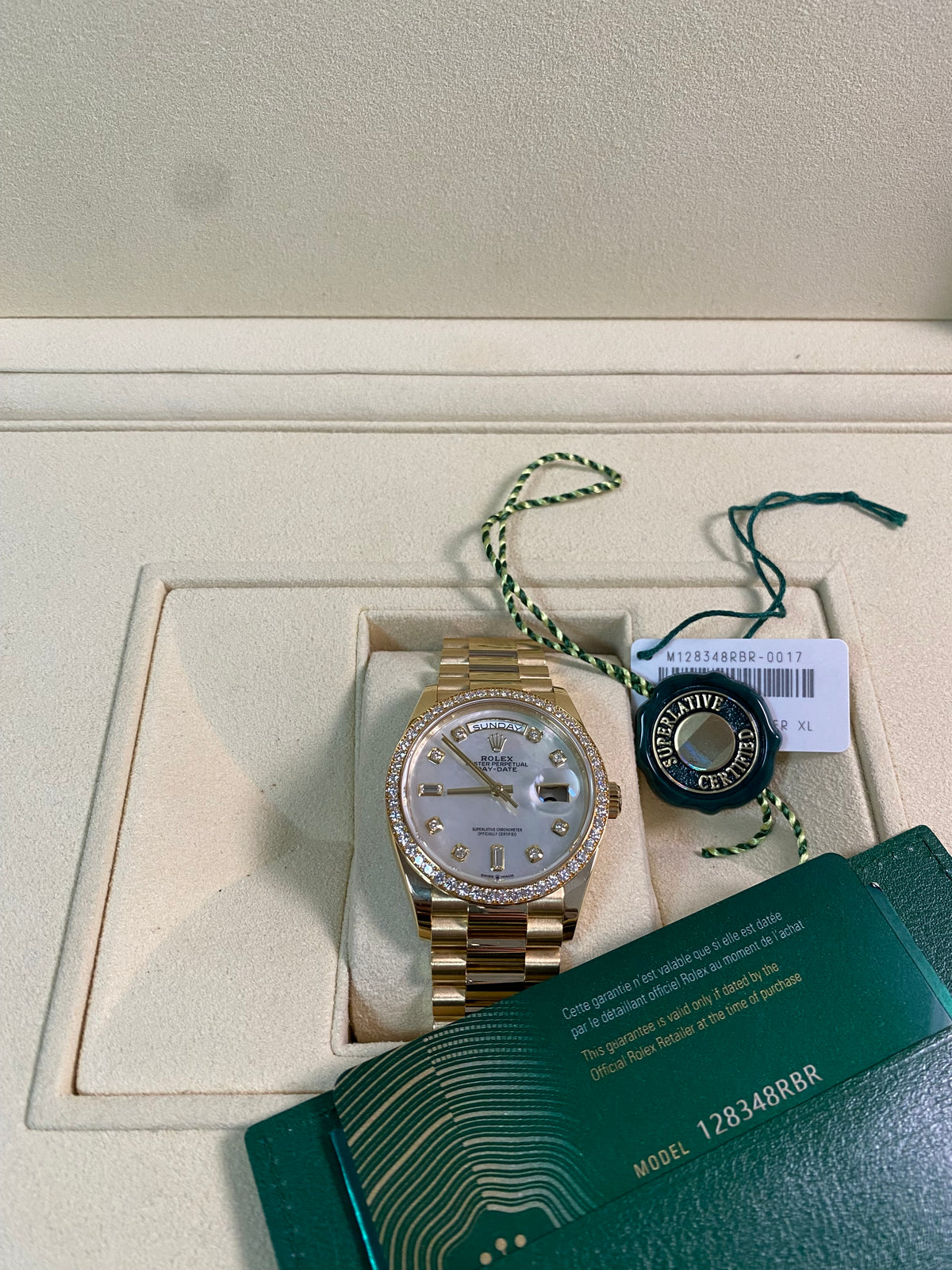 Rolex White Gold Day-Date 36 - 2022 - Diamond Bezel - Mother-of-Pearl Diamond Dial - President Bracelet - 128348RBR *FULL SET*