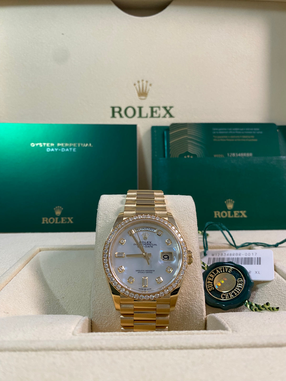 Rolex White Gold Day-Date 36 - 2022 - Diamond Bezel - Mother-of-Pearl Diamond Dial - President Bracelet - 128348RBR *FULL SET*