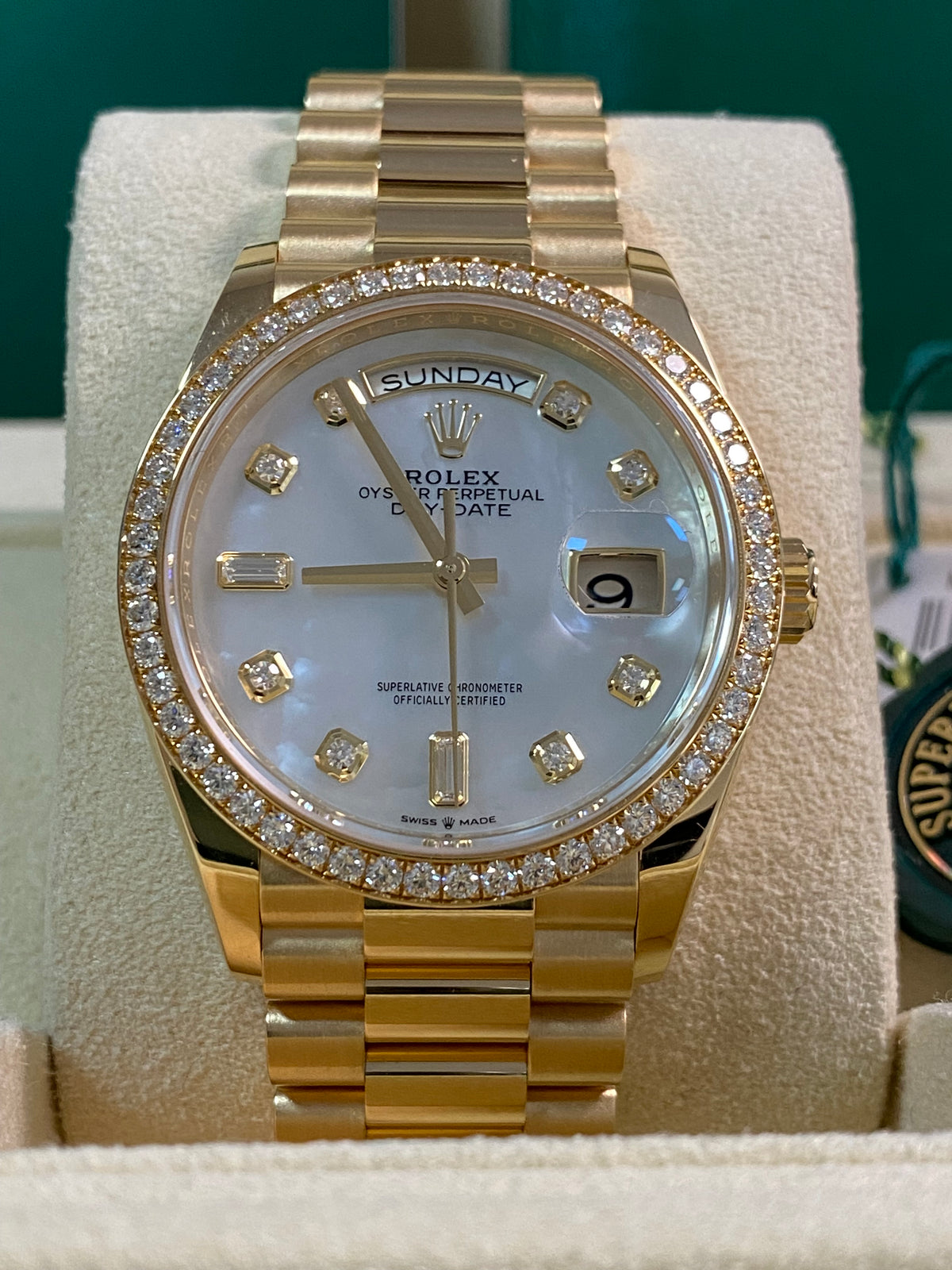 Rolex White Gold Day-Date 36 - 2022 - Diamond Bezel - Mother-of-Pearl Diamond Dial - President Bracelet - 128348RBR *FULL SET*