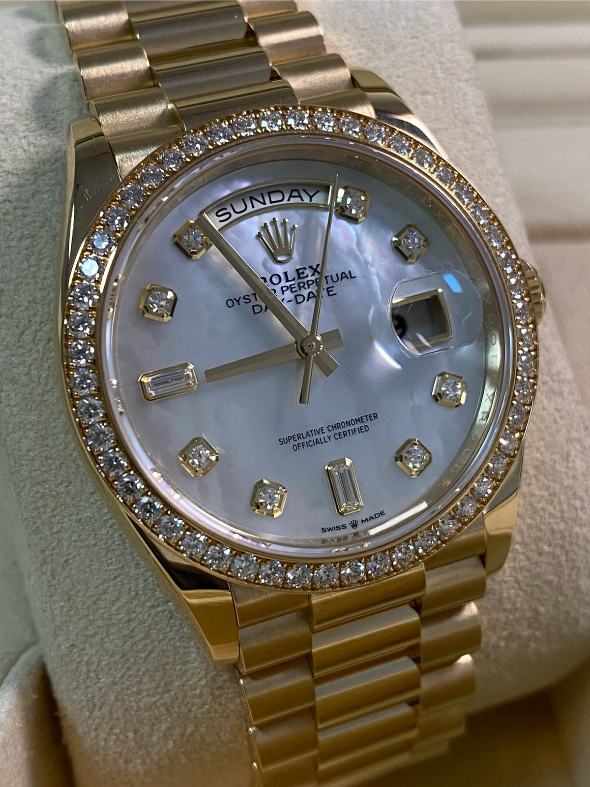 Rolex White Gold Day-Date 36 - 2022 - Diamond Bezel - Mother-of-Pearl Diamond Dial - President Bracelet - 128348RBR *FULL SET*