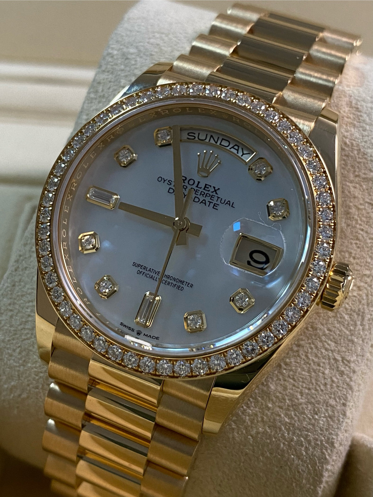 Rolex White Gold Day-Date 36 - 2022 - Diamond Bezel - Mother-of-Pearl Diamond Dial - President Bracelet - 128348RBR *FULL SET*