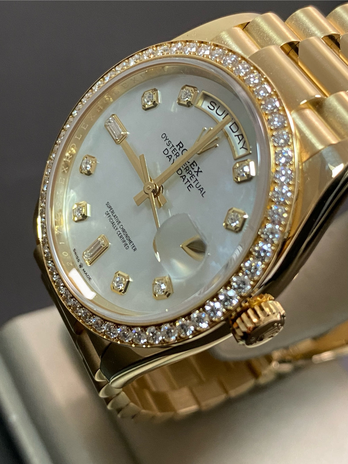 Rolex White Gold Day-Date 36 - 2022 - Diamond Bezel - Mother-of-Pearl Diamond Dial - President Bracelet - 128348RBR *FULL SET*